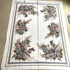 Vintage Simtex USA tablecloth retro pink purple gray sage floral rectangle cloth